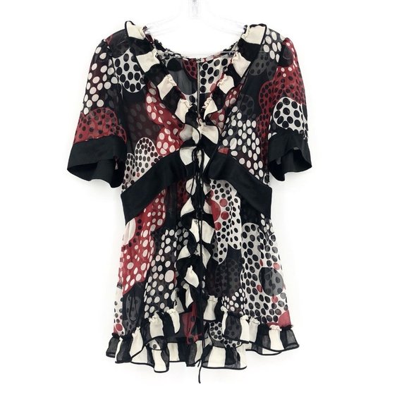 Dolce & Gabbana Silk Ruffle Top Polka Dot Floral Red Black White Size S - Picture 1 of 8